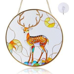 Deer Suncatcher Stained Glass Window Hanging with Metal Chain and Hooks 7.8 Inch Christmas Decor Indoor/Outdoor Home & Garden Decor Housewarming Gift