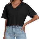 PRIMODA Women's Oversized Crop Tops Boxy V Neck Short Sleeve Cropped T Shirts Loose Summer Workout Crop Tee Tops (Large, Black)