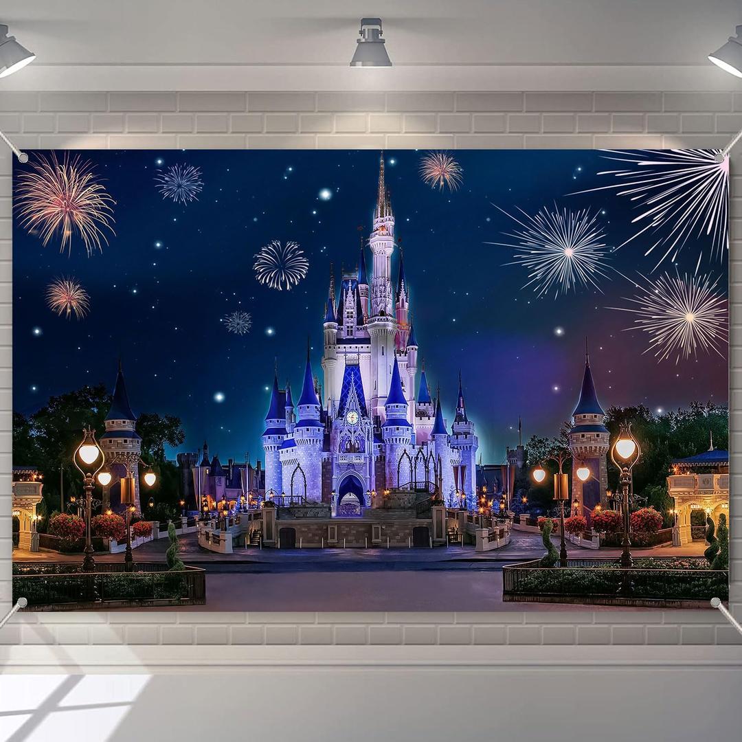 6x4ft Castle Backdrop Blue Castle Back Garden Fireworks Night Scene Background Girls Birthday Party Photobooth Backdrop Supplies Cake Table Decorations KUHB022