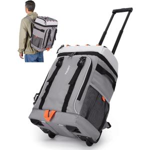 TOURIT 50 Cans Rolling Backpack, Double Deck & Dual-Bar Handle Travel Soft Cooler Bag with Wheels, 30L Space Beach Cooler Size 18"(15"+3")×13"×11",Grey