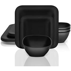 Melamine Dinnerware Set - 12 pcs Melamine Plates Indoor and Outdoor use Matte Black Plates and Bowls Dinnerware Sets Summer Fall Camping Dish Set for 4 Dishwasher Safe（Square）
