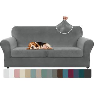 ZNSAYOTX Oversized Velvet 3 Piece Couch Cover with 2 Extra Large Seat Cushion Covers Stretch Sofa Cover for 2 Cushion Couch Thick Loveseat Sofa Slipcover for Living Room (Grey), 72"-92"(2 Cushions)