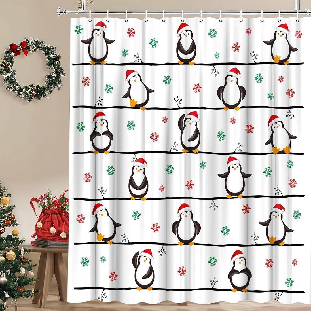 Christmas Penguin Shower Curtain Cute Funny Penguins with Xmas Hat Snowflake Winter Animal Boys Girls Bathroom Decor Polyester Fabric Curtains with Hook 70Wx70H Inches