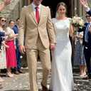 Men Suit 2 Piece Groomsmen Tuxedo Prom Blazer Slim Fit Suits Two Button Wedding Dress Jacket Pants Set with Tie (Beige, L)