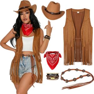 GERVAISE Womens Western Cowgirl Costume 70s Hippie Tassels Fringe Vest outfit Hat 5pcs (Medium, Brown)