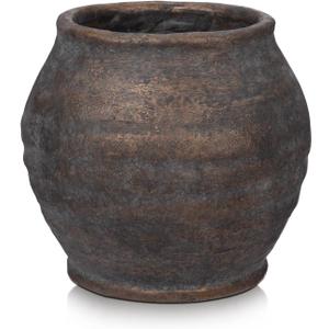 Briful Rustic Vintage Ceramic Pottery Vase, 6.1'' Farmhouse Table Decor with Distressed Texture, Wide Mouth Decorative Jar Vases for Home Decor, Shelf & Entryway, Brown