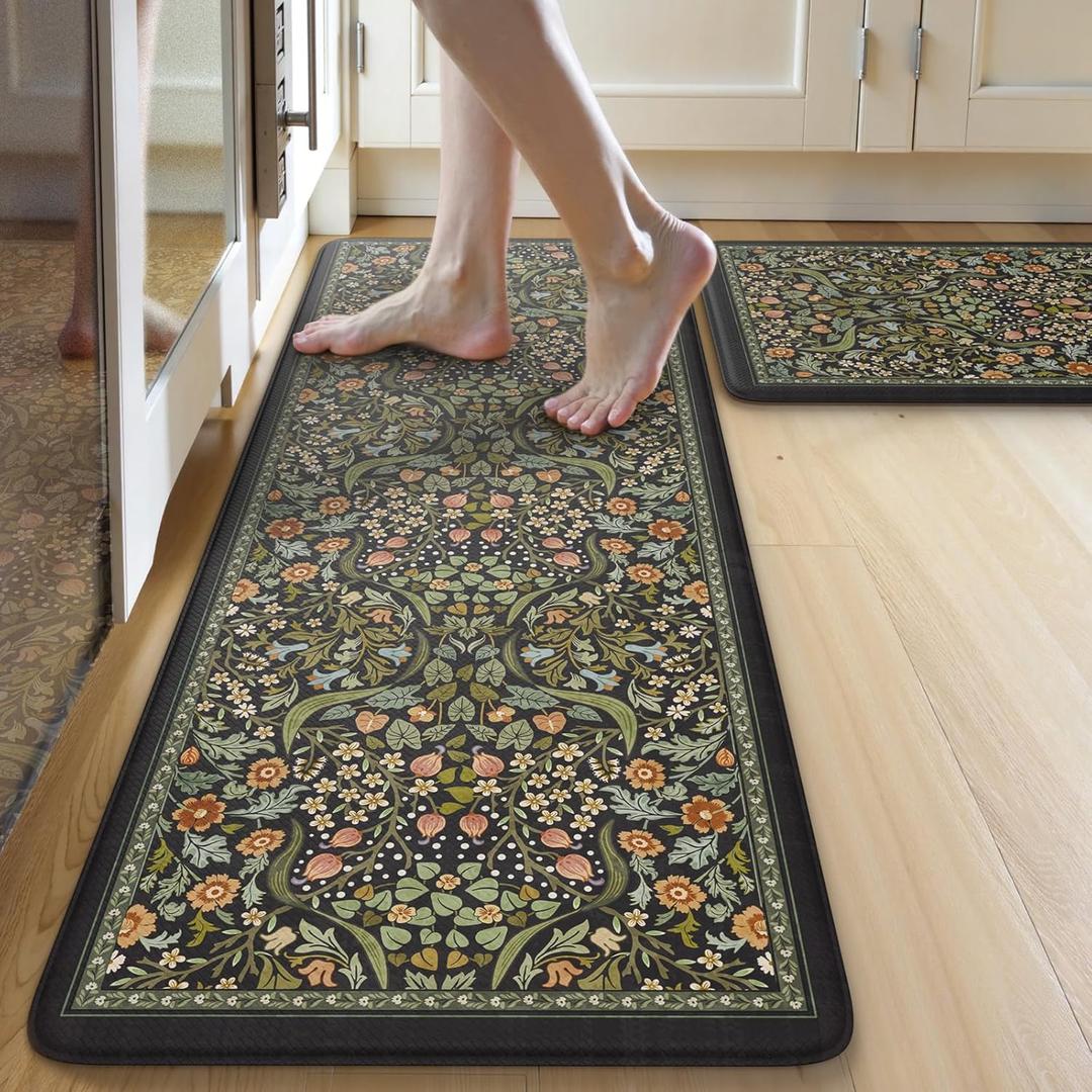 Collive Kitchen Mats for Floor 2PCS, Cushioned Anti Fatigue Mat Non Slip Waterproof Kitchen Sink Rugs, Washable Vintage Spring Floral Rug Comfort Standing Mat for Laundry, Desk, Bar, Office, Black