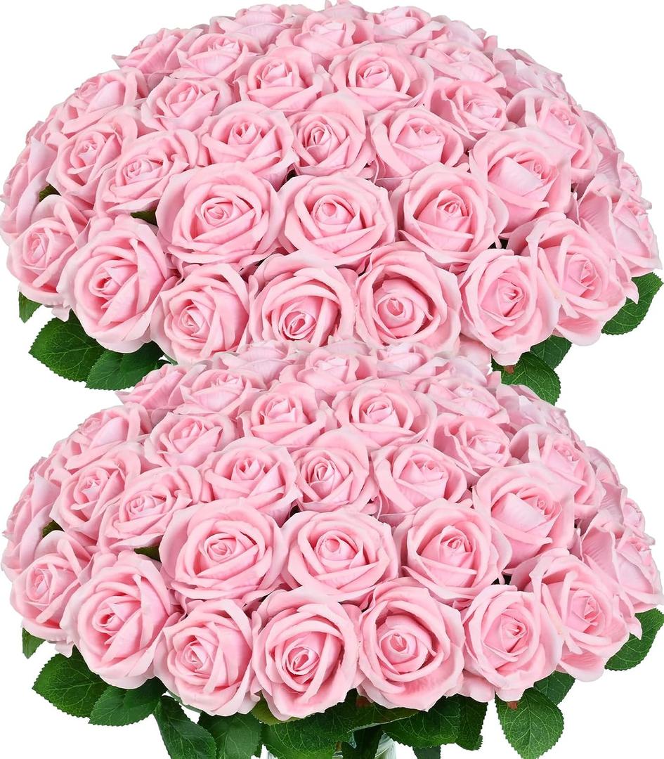 50 Pcs Pink Roses Artificial Flowers, Real Touch Velvet Roses Bouquet Fake Flowers Bulk, Artificial Roses with Long Stems for Birthday Gift Women Mom DIY Bridal Wedding Centerpiece Decorations