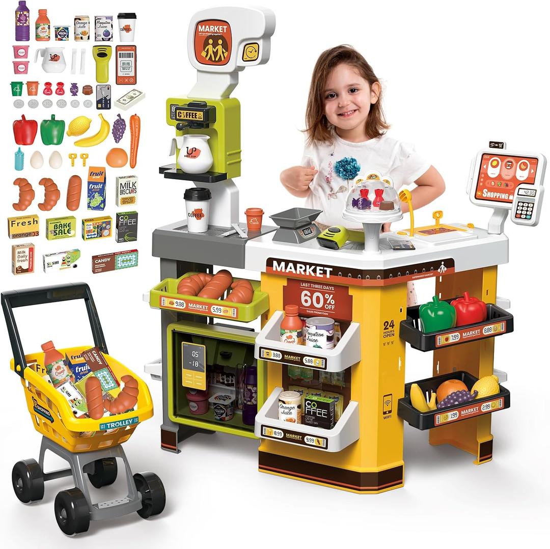 deAO Grocery Store Playset with Kids Shopping Cart,66 PCS Supermarket Toy, Child-size