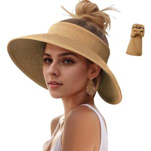 Sun Hats Visor for Women, UV UPF Straw Beach Hat Foldable Wide Brim Ponytail Summer Hats Packable Travel (Khaki)