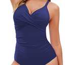 GRAPENT One Piece Swimsuit Women Ruched Twist Front Padded Modest Full Coverage Swim Bathing Suit Swimwear Swimsuits (Medium, Navy Blue)