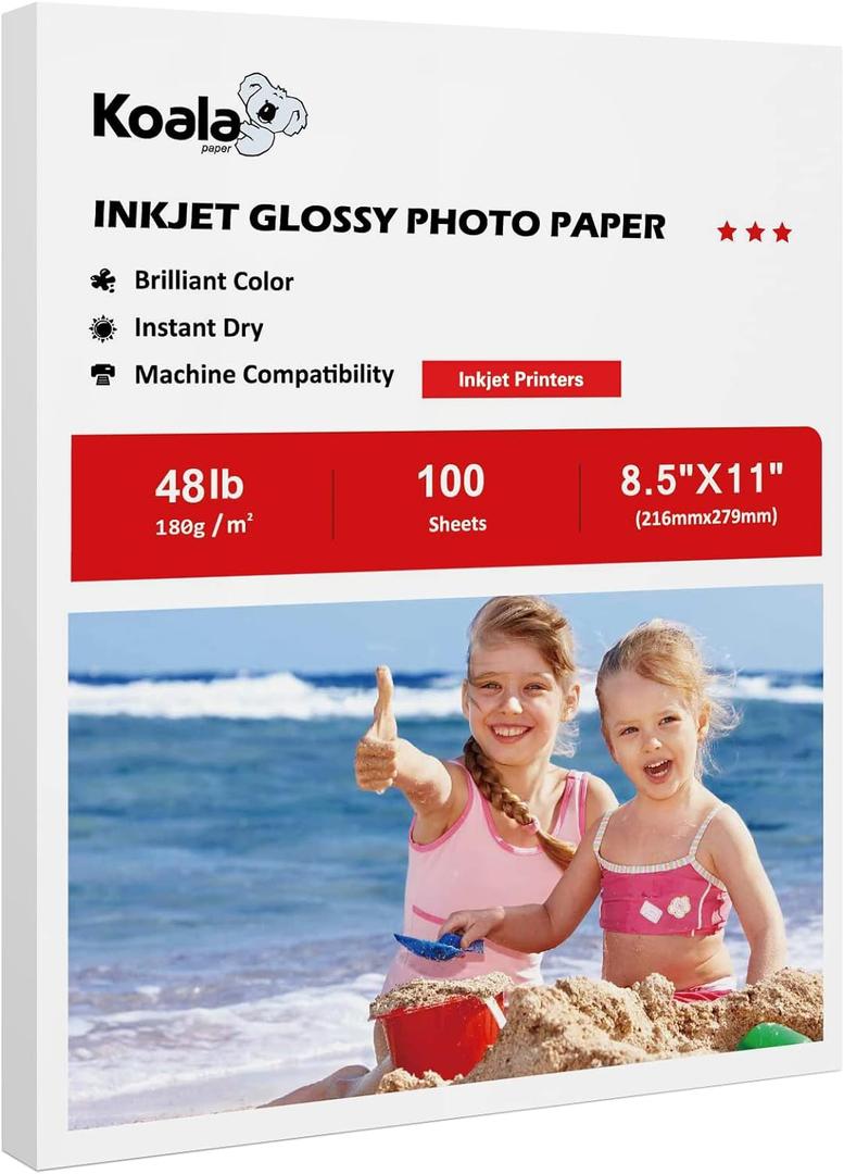Koala Glossy Inkjet Photo Paper 8.5X11 Inches 48lb 100 Sheets Professional Glossy Photographic Paper Compatible with Inkjet Printer Use DYE INK 180GSM Koala Glossy Inkjet Photo Paper 8.5X11 Inches 48lb 100 Sheets Professional Glossy Photographic Paper Compatible with Inkjet Printer Use DYE INK 180GSM