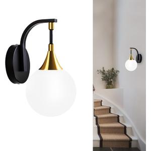 1-Light Bathroom Wall Sconce Light,Black and Gold Vanity Lighting with White Milk Globe Glass Shade, Vintage Wall Light Fixture Wall Lamp Wall Mount Light for Bedroom Hallway
