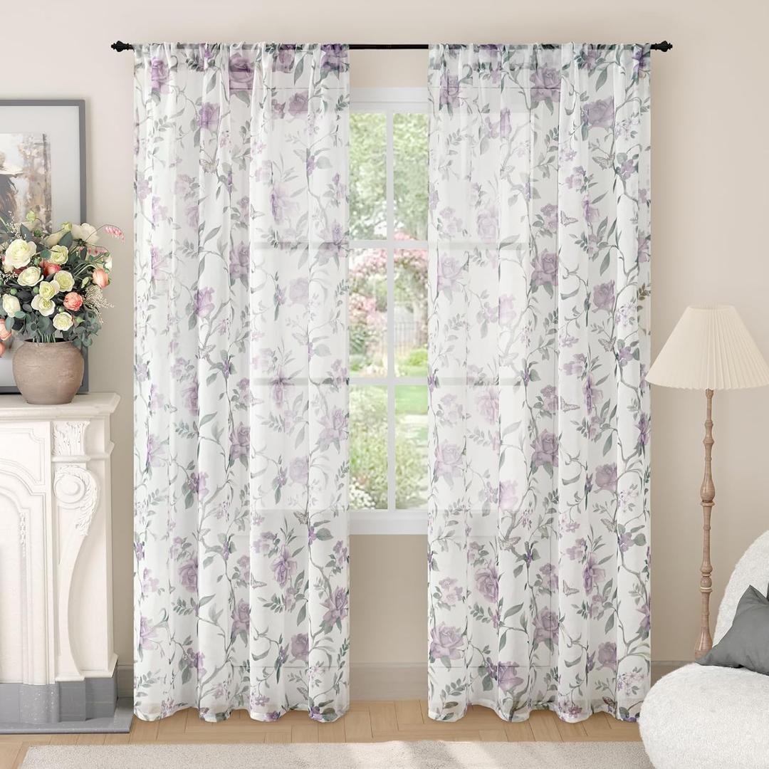 Floral Sheer Curtains 72 Inch Length 2 Panels, Farmhouse Light Filtering Privacy Patterned Semi-Sheer Linen Lavender Curtains for Bedroom Living Room Rod Pocket, Purple, Each 52 Inch Wide