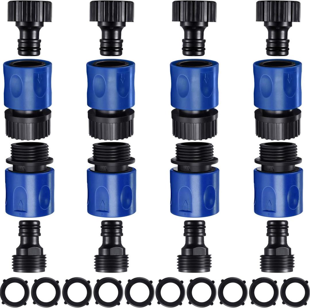 16 Pieces Garden Hose Quick Connector 3/4 Inch Plastic Water Hose Fittings Male and Female Connectors End Adapters with 10 Pieces Rubber Gaskets(Blue, Black)