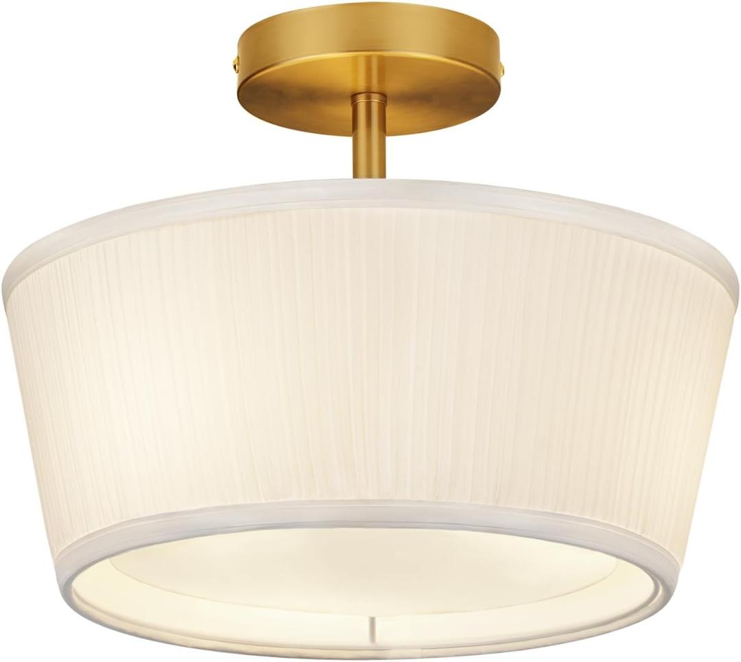 Gold Semi Flush Mount Ceiling Light Fixture,3-Light Ceiling Mount Drum Light Fixture with White Fabric Shade,12.6inch Modern Close to Ceiling Lamps for Living Room, Bedroom, Dining Room, Hallway