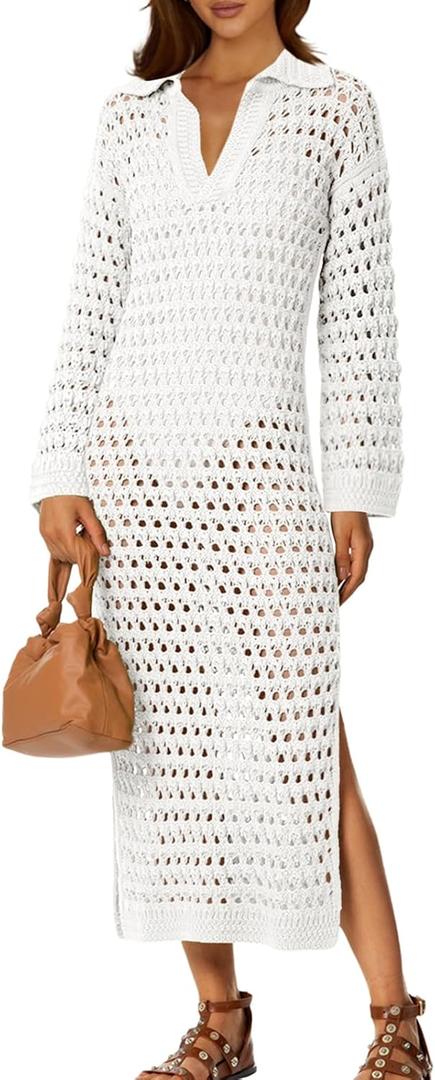 Saodimallsu Womens Crochet Swimsuit Cover Up V Neck Collared Long Sleeve Mesh Knit Long Beach Coverup Maxi Dress (White)