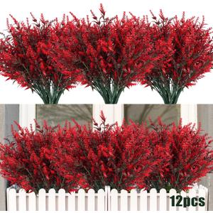 RECUTMS 12 Bundles Artificial Flowers Outdoor Fake Flowers for Decoration UV Resistant No Fade Faux Plastic Plants Garden Porch Window Box Dcor, Flores Artificiales para Decoracion (Red)