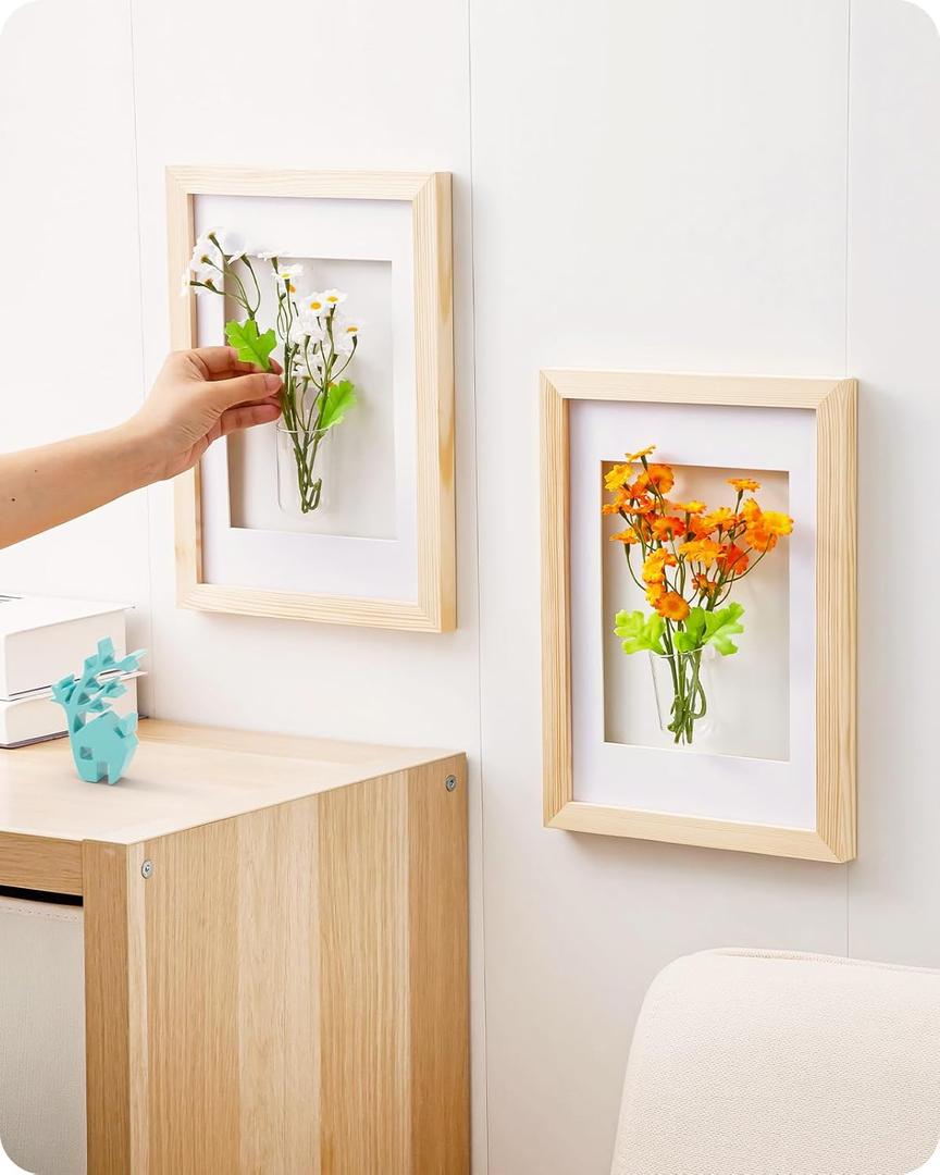 Baffect Small Flower Vase with Picture Frame, Glass Vase Wall Hanging, Unique Bud Vase for Home Decor, Test Tube Cylinder Vase for Flower Bud, Hydroponic, Propagation, Seasonal Wall Decor (Set of 2)