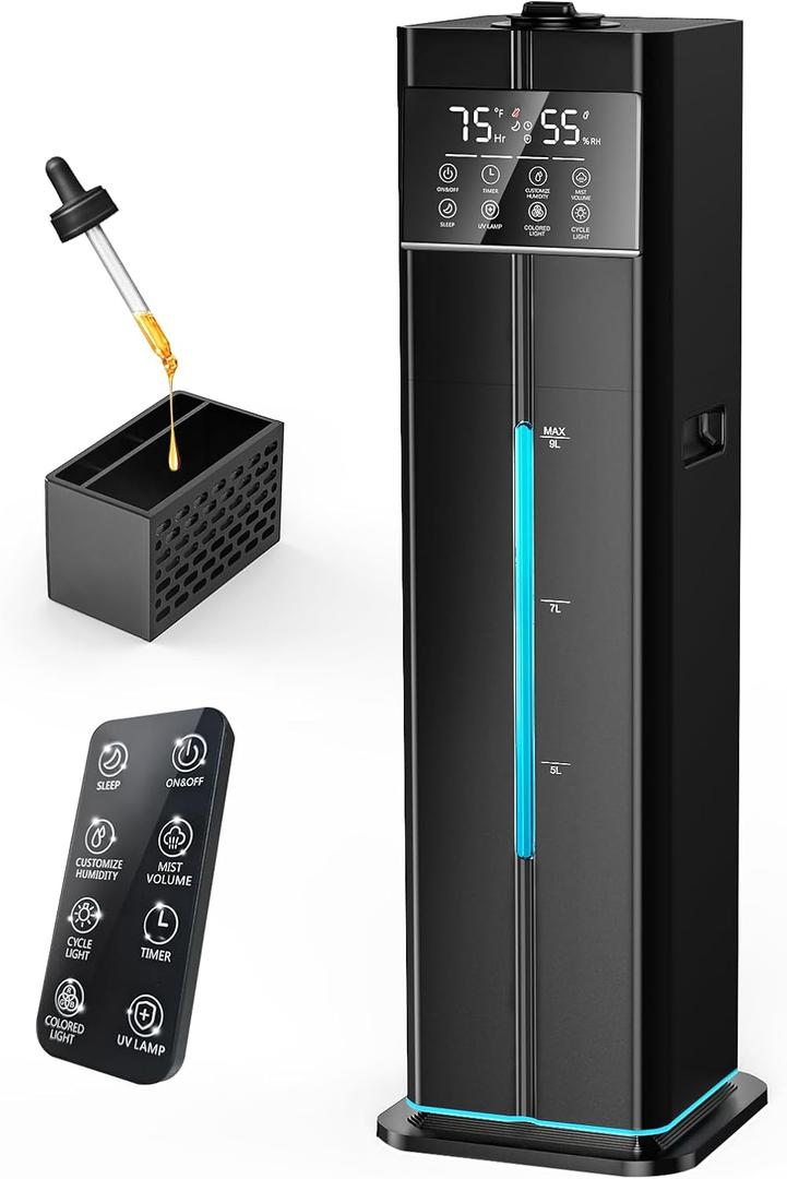 Cool Mist Humidifiers for Large Room, Ultrasonic 2.4Gal 9L Quiet Top-Fill, Easy Clean with Essential Oil Tray, 360Nozzle, 4 Speed, Remote, 60H Runtime, for Baby, Adults, Plants, Home, House, Bedroom (Black)