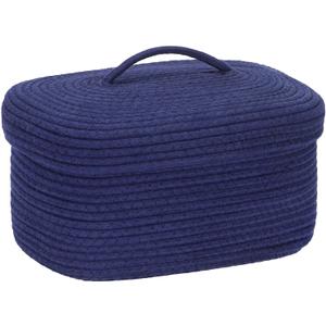 Sea Team Oval Cotton Rope Storage Basket with Lid, Lidded Woven Storage Bin, Nursery Storage Container, Diaper Caddy, Baby Shower Basket, Box, Organizer, 15 x 11 x 6.5 Inches (Medium, Navy Blue)
