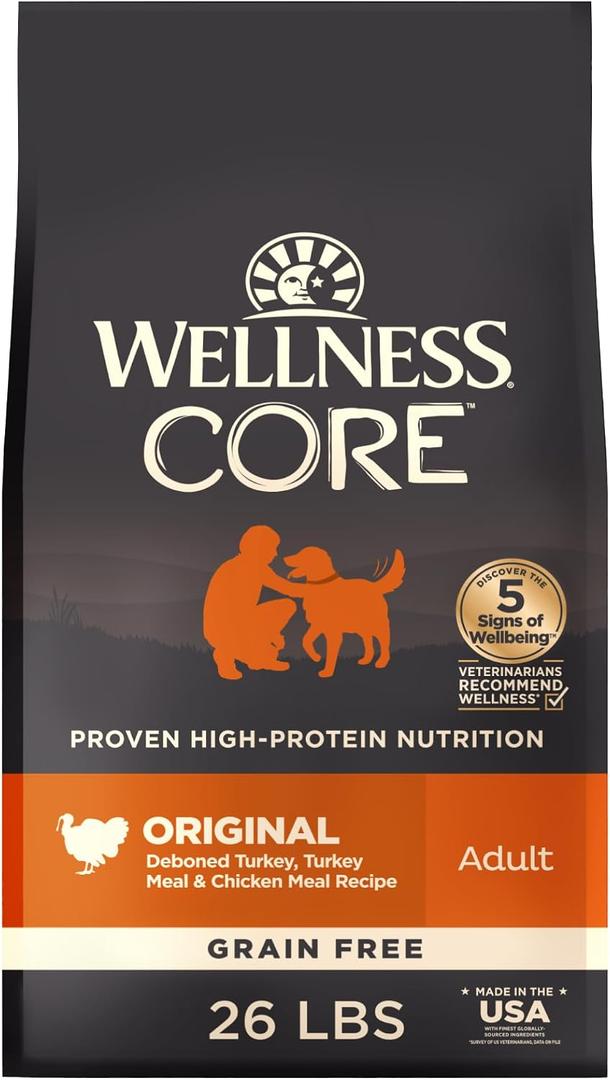 Wellness CORE Adult Dry Dog Food, Grain Free Kibble, Natural, High Protein, Turkey and Chicken Recipe, 26 lb Bag