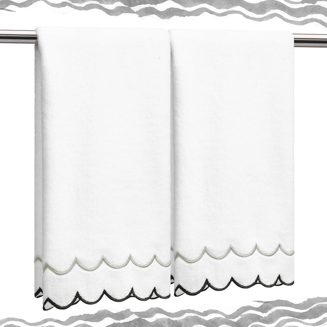 Hahafelt 2 Pcs Scalloped Hand Towels 100% Cotton Fingertip Towels for Bathroom 15.75 x 27.56 Inch 600 GSM Cute Soft Absorbent Embroidered Decorative for Home Hotel(Gray and Black,Classic)
