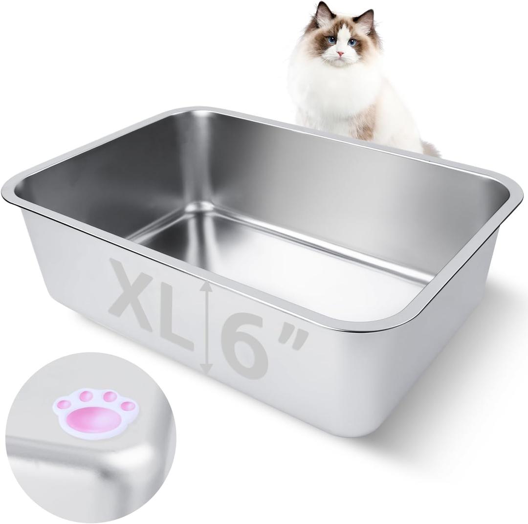 Stainless Steel Cat Litter Box for Adult Cats or Kitty/Kitten 19.5"x13.6"x6" Rust-Proof, High Side, Non Stick, No Smell, Easy to Clean Metal Cat Litter Box (X-Large:19.5"L x 13.6"W x 6"H)