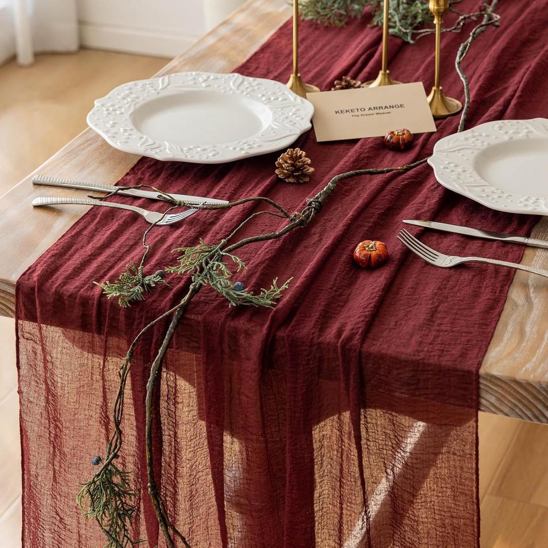 Keketoarrange Burgundy Mothers Day Cheesecloth Table Runner Gauze 120 Inch 10 FT Rustic Boho Cheese Cloth Runner for Wedding Baby Bridal Shower Party Long Sheer Spring Summer Home Decorations