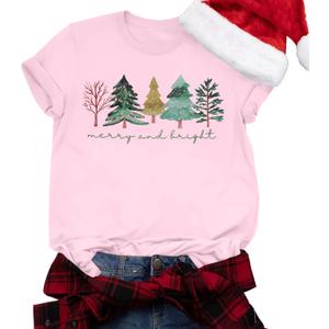 Christmas Shirts Women Magic Kingdom Christmas Shirt Merry Christmas Tshirt Holiday Graphic Short Sleeve Tops (Pink, XL)