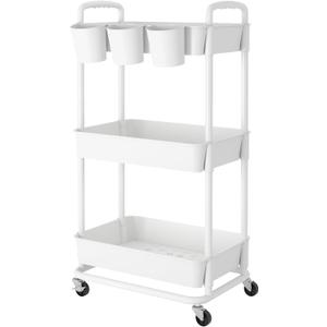 JIUYOTREE 3-Tier Plastic Rolling Storage Cart Utility Cart with Extra Hanging Cups Handles Lockable Wheels for Living Room Bathroom Kitchen Office White