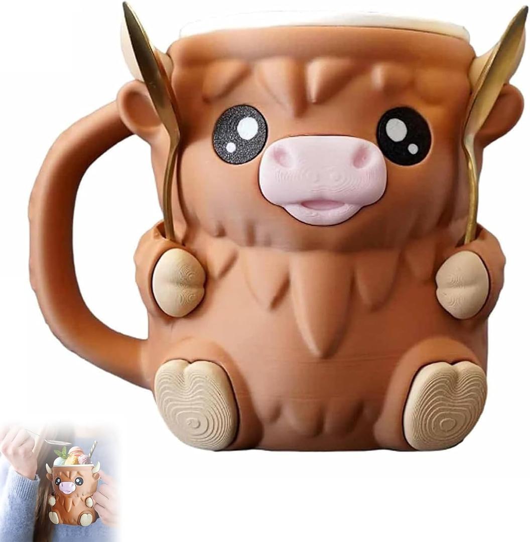 Highland Cow Ice Cream Pint Holder, 16oz Leak Proof Insulating Sleeve Cover with Handle, Hidden Snack Drawer & Spoon Storage, Cute Animal Design Beer Can Cooler, Gift for Highland Cow Lovers (Brown)