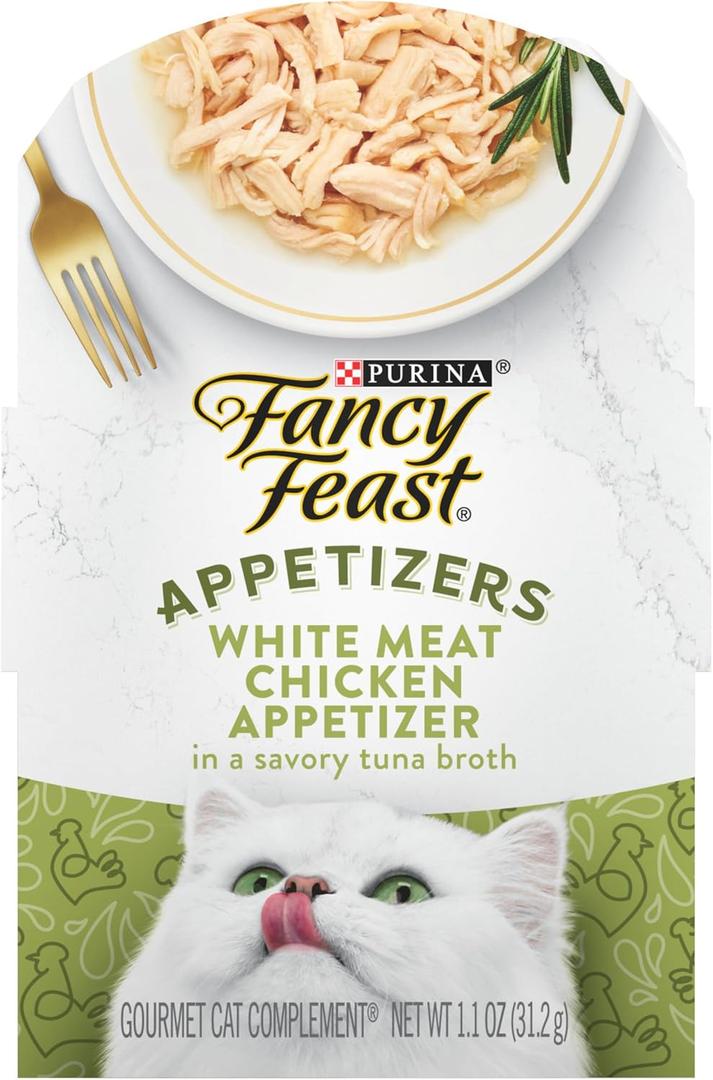 Purina Fancy Feast Appetizers Grain Free Wet Cat Food Complement White Meat Chicken Appetizer in a Savory Tuna Broth Cat Food Topper - (Pack of 10) 1.1 oz. Trays (EXP 06/30/27)