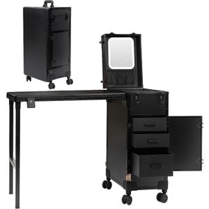 Portable Manicure Table with 3 Drawers, Rolling Foldable Nail Desk with Detachable Mirror, Professional Makeup Train Case with Wheels and TSA Lock for Nail Techs & Salon Use, 15.3 x 10.8 x 30.8 inches