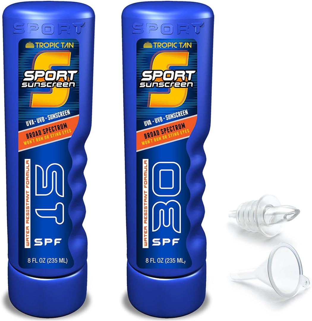 GoPong Sport Bottle Sunscreen Flask 2 Pack (16 oz Total) - Hidden Alcohol Travel Flasks - Secret Liquor Containers for Beaches, Cruises, and Sports Events  Includes Funnel & Spout