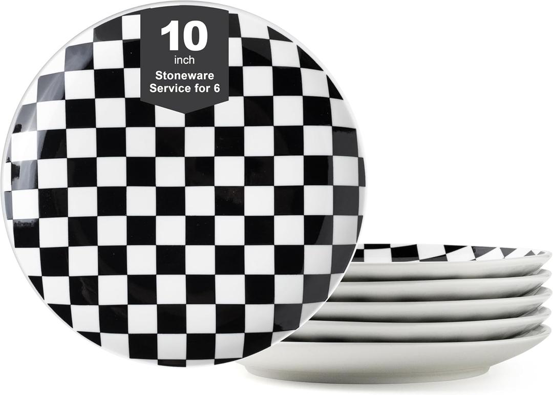 Euisail Ceramic Dinner Plates Set of 6-10 Inch Salad Plates, Black and White Checkered Porcelain Dinner Plates Microwave, Oven & Dishwasher Safe, Minimalist Porcelain Dish Set