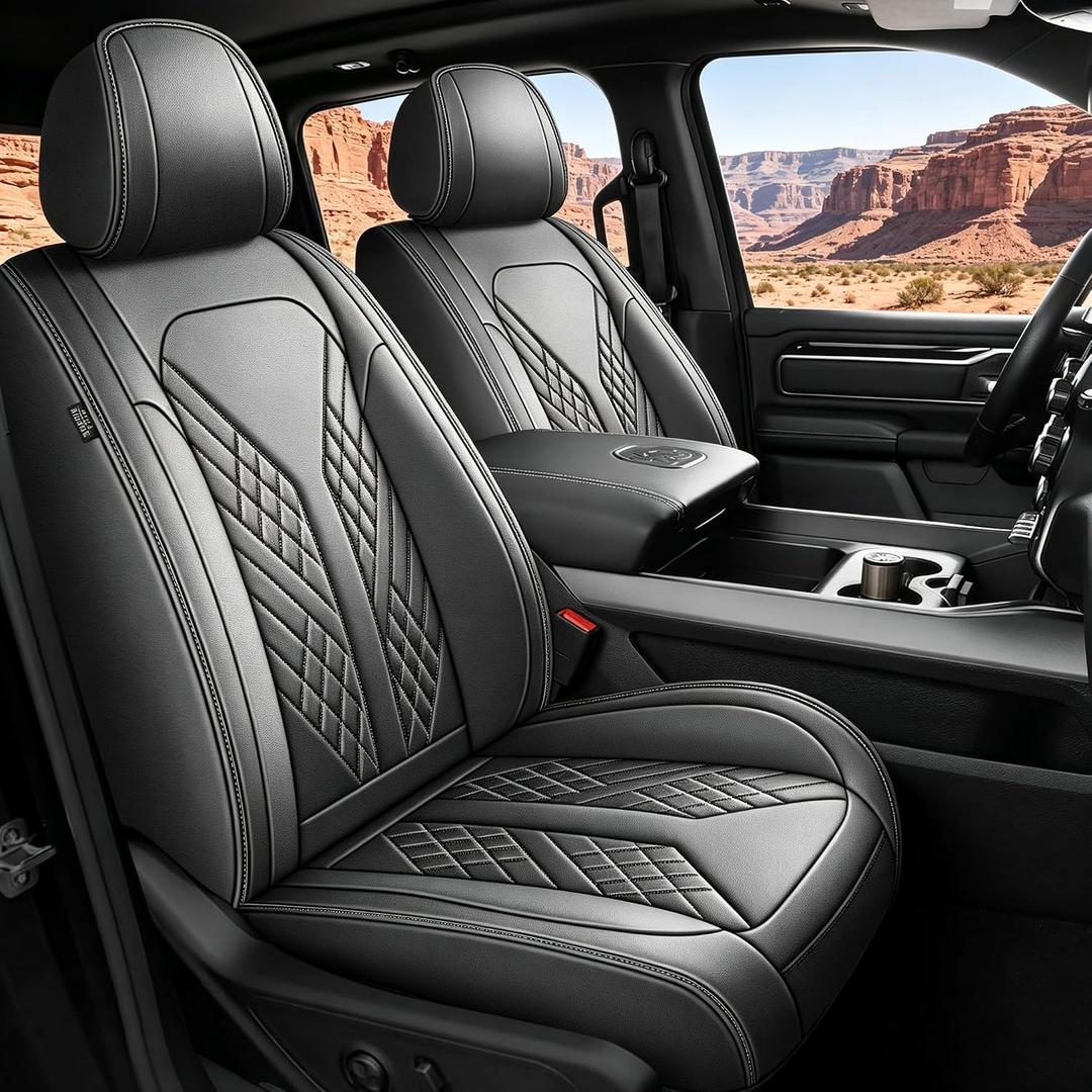 for Dodge Ram Seat Covers 2012-2025 2026 1500 2500 3500 Truck
Faux Leather Seat Covers Custom Fit Classic Bighorn Longhorn Laramie Tradesman Quad Crew Cab with Curved Bench,Black 5 Seats
