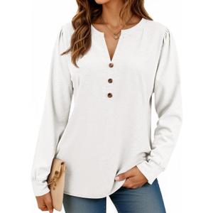 Cicy Bell Womens Puff Long Sleeve Henley Shirts Trendy Casual V Neck Button Up Tunic Tops Loose Fit Basic Tees (White, L)
