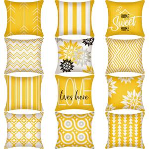 Flutesan 12 Pcs Pillow Cover 18 x 18 Inch Square Sofa Throw Pillow Covers Modern Geometric Floral Linen Decorative Cushion Covers for Home Living Room Bedroom Couch Chair Sofa Pillow Cases (Gray Blue) (Yellow)