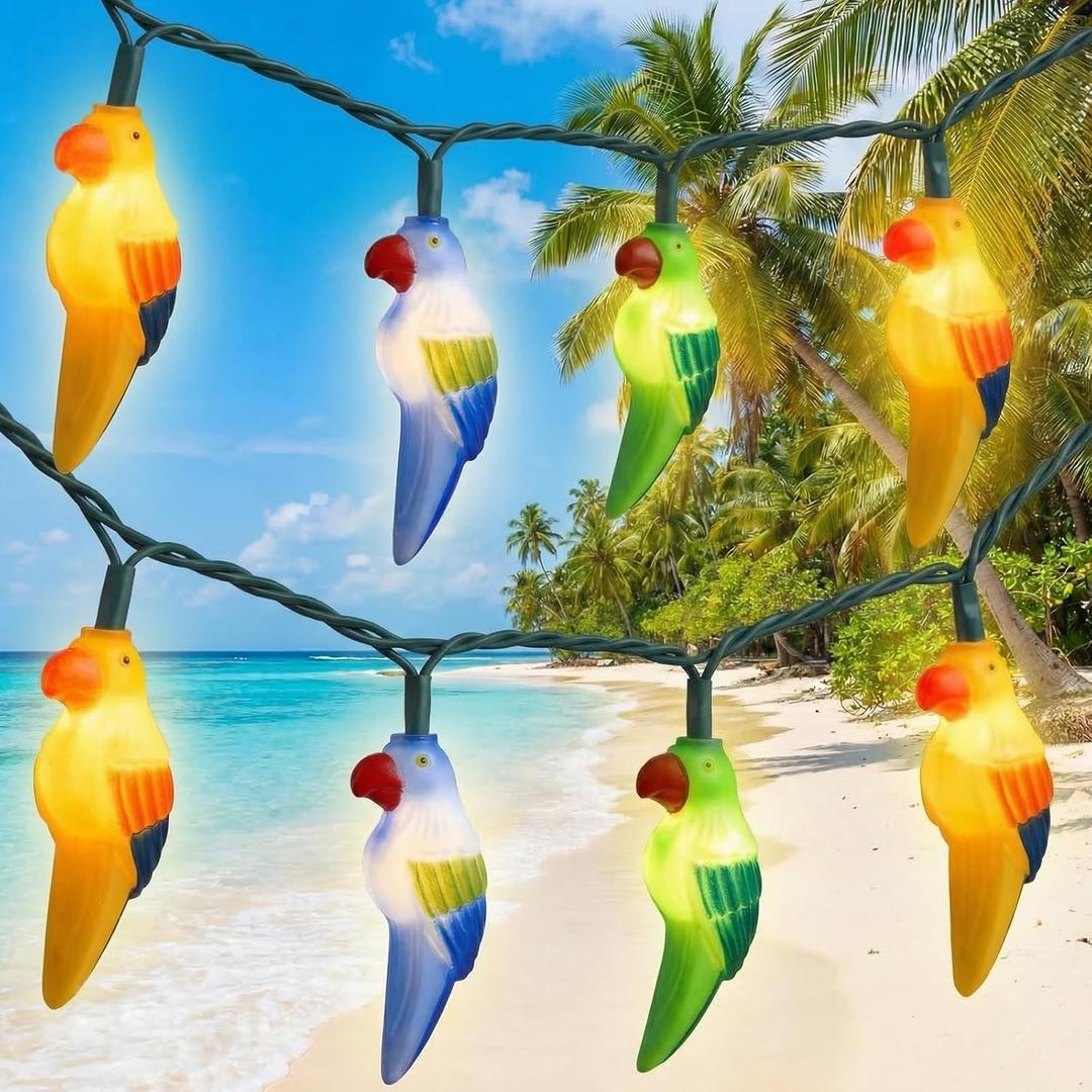 8.5Ft Parrot Outdoor String Lights, LED Tropical Themed Patio Lights with 10 Multicolor Birds Lights, Plug-in Hanging Fairy String Lights for Backyard Summer Camp Window Decor Gift