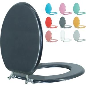 Round Toilet Seat Wood Toilet Seat Prevent Shifting with Zinc Alloy Hinges American Standard Size Toilet Seat Easy to Install also Easy to Clean(Round,Sparkling Black) (Navy Blue)