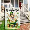 DLZDN Welcome St Patricks Day Dog Garden Flag Shamrocks Corgi Flag 1218 Inch Double Side Vertical Burlap Farmhouse Yard Sign Holiday Outdoor Decoration