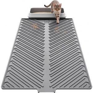 Cat Litter Box Mat, 34" x 22" Large Silicone Waterproof Litter Trapping Mat for Scatter Control, Non-Slip, Easy to Clean, Soft on Kitty Paws (Light Gray)