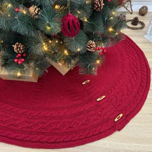 72-Inch Cable Sweater Knit Christmas Tree Skirt with Wooden Toggles, Burgundy