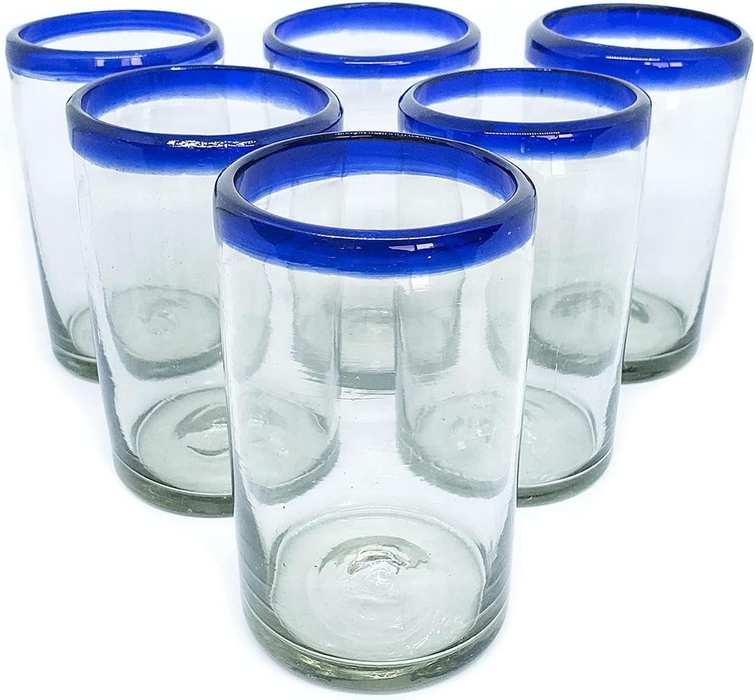 Cobalt Blue Rim 14 oz Drinking Glasses (set of 6), Recycled Glass, Lead-free, Toxin-Free (Drinking)