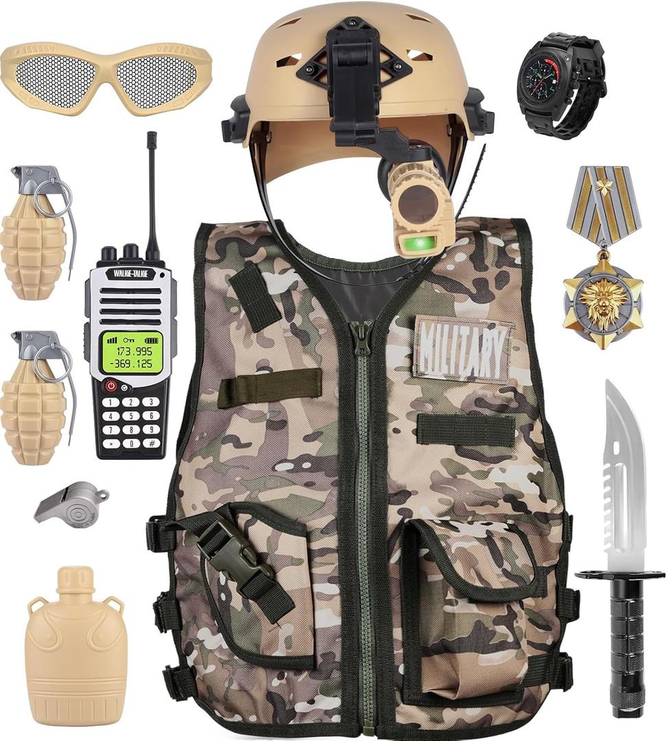 Kids Army Military Combat Soldier Costume Halloween Party Role Play Dress up Birthday Gift Set includes Camouflage Vest, Helmet, and Toy Accessories for 3-8 Years Old Toddlers Boys Girls