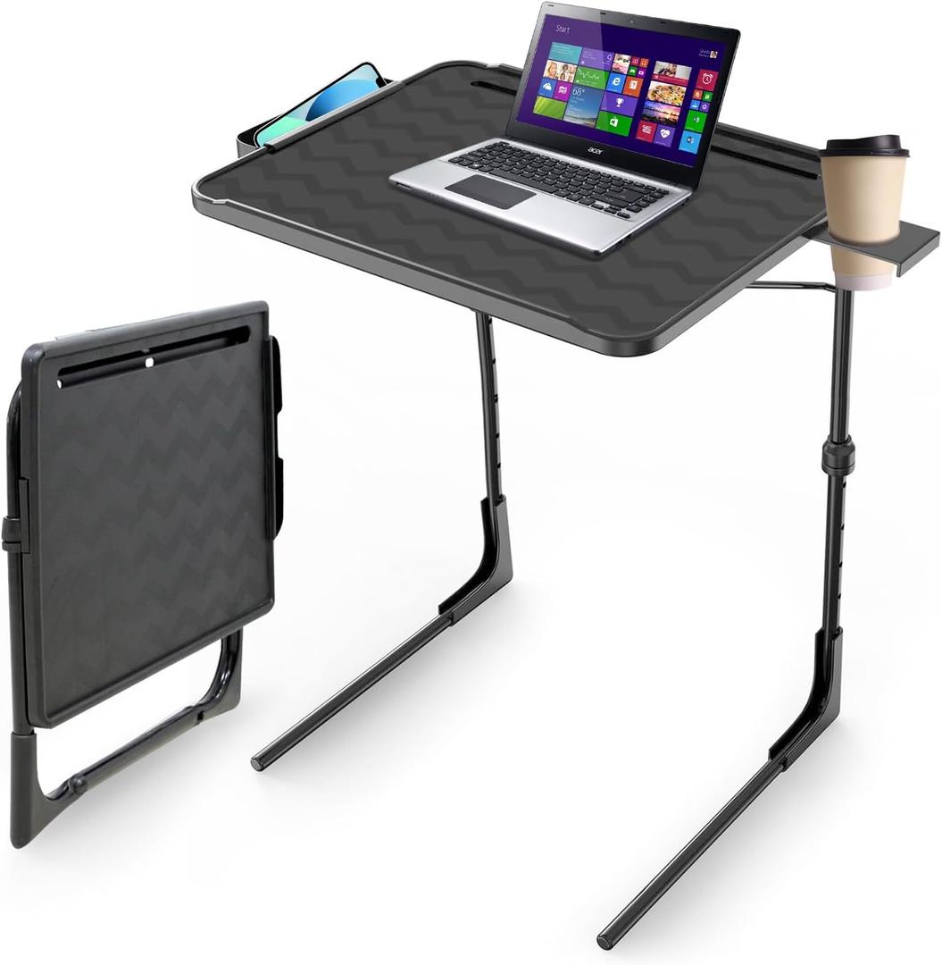 TV Tray Table, Folding TV Dinner Tray Table with Cup Holder, 6 Height & 3 Tilt Angle Adjustable Laptop Table for Couch, Bed