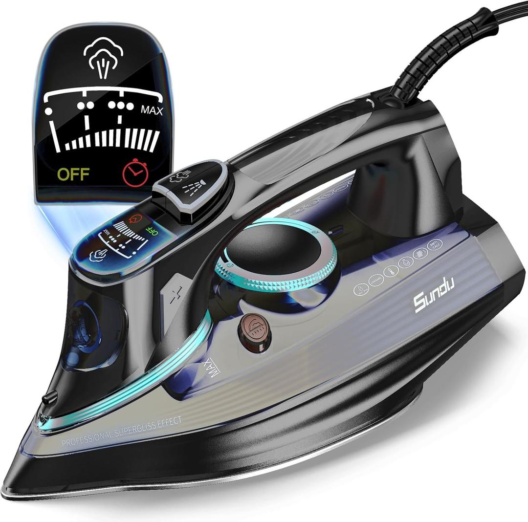 Steam Iron for Clothes 1700W with Non-Stick Ceramic Soleplate Powerful Steam Blast 3-Way Auto Shutoff Self-Cleaning Digital LCD Display Anti-Drip Precision Tips for Home and Travel Steamer (IR001-b)