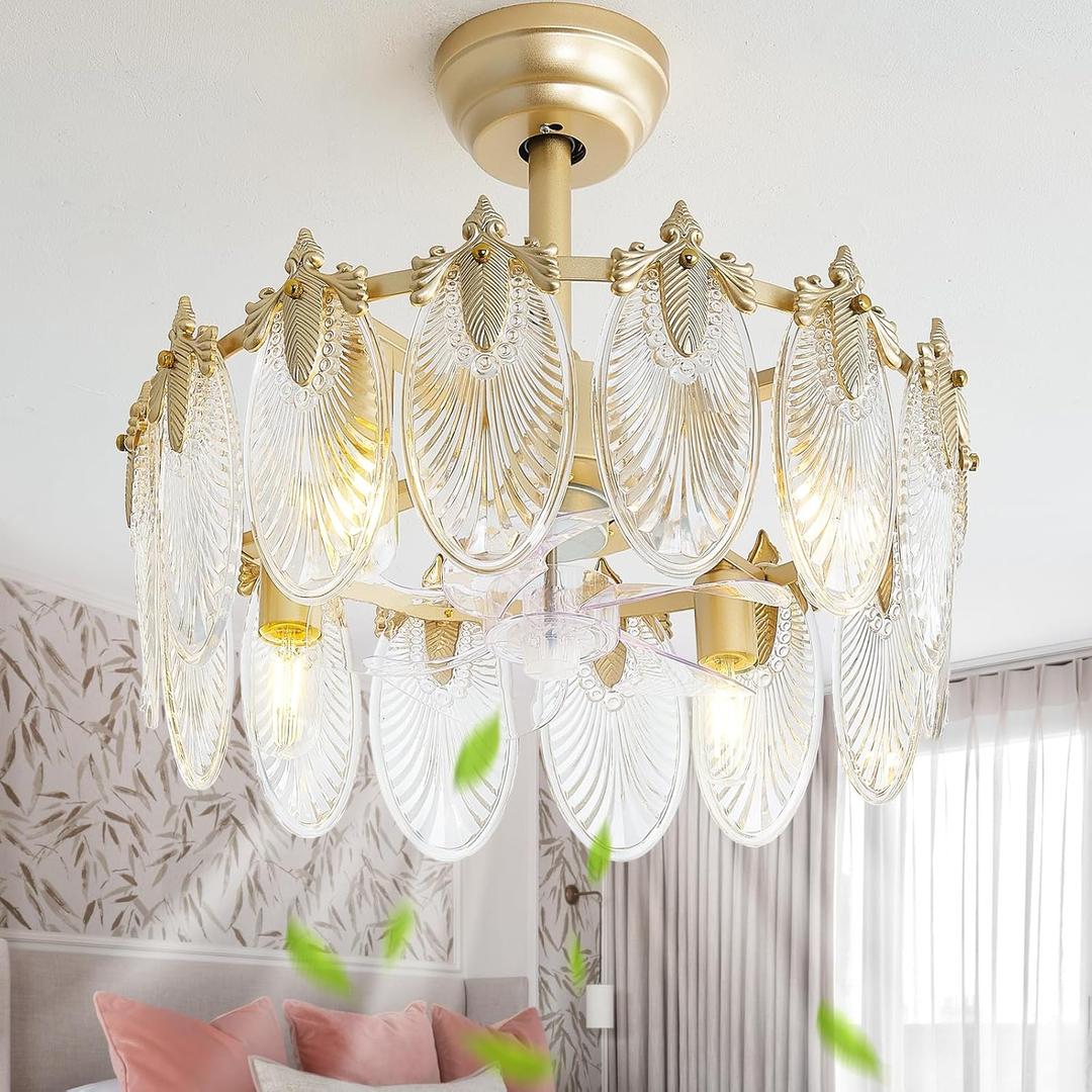 20 Inch Gold Crystal Fandelier Ceiling Fan with Light, Mid Century Gold Fandelier Ceiling Fans with Lights Remote Control, Caged with 6 Speeds for Bedroom, Nursery, Living Room(US-FS-SJ04)