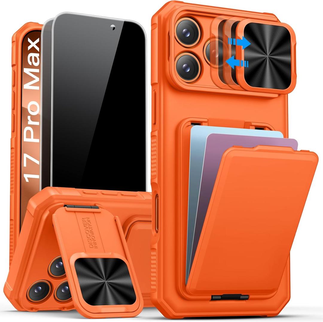SSLOTSCASE for iPhone 17 Pro Max Case with 2X Privacy Screen Protector, Credit Card Holder & Stand & Slide Lens Cover & Kickstand, Military-Grade Heavy Duty Phone Cover for iPhone 17 Pro Max, Orange